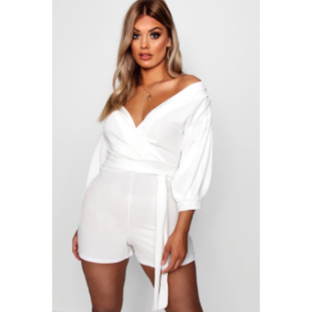 Boohoo Taylor wrap ruffle sleeve playsuit